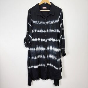 East Adeline Tie Dye Shirt Dress Womens 1X Black White Button Up Fringe Hem